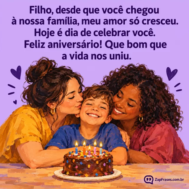 Guache de duas mães abraçando um menino sorridente diante de um bolo de aniversário, com fundo lavanda.. Arte com a mensagem: Filho, desde que você chegou à nossa família, meu amor só cresceu. Hoje é dia de celebrar você. Feliz aniversário! Que bom que a vida nos uniu.