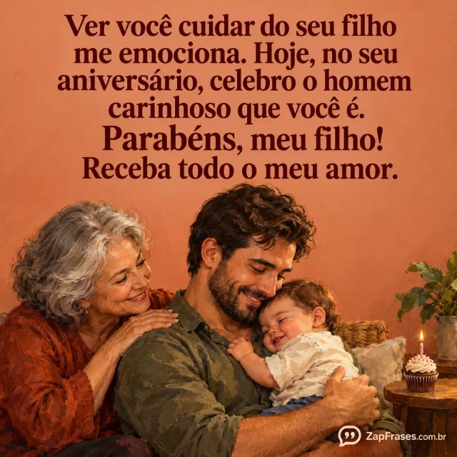 Pintura a óleo de avó grisalha ao lado do filho adulto que segura um bebê no colo, com cupcake de aniversário próximo.. Arte com a mensagem: Ver você cuidar do seu filho me emociona. Hoje, no seu aniversário, celebro o homem carinhoso que você é. Parabéns, meu filho! Receba todo o meu amor.