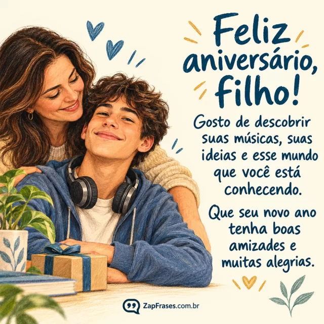 Desenho a lápis de cor de adolescente com fones no pescoço, mãe ao lado e pequeno presente sobre a mesa.. Arte com a mensagem: Feliz aniversário, filho! Gosto de descobrir suas músicas, suas ideias e esse mundo que você está conhecendo. Que seu novo ano tenha boas amizades e muitas alegrias.