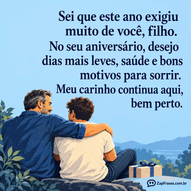Serigrafia azul de pai e filho adulto num abraço lateral diante de uma paisagem, com presente ao lado.. Arte com a mensagem: Sei que este ano exigiu muito de você, filho. No seu aniversário, desejo dias mais leves, saúde e bons motivos para sorrir. Meu carinho continua aqui, bem perto.
