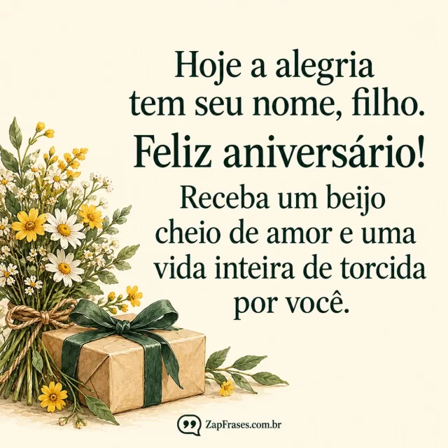 Arte de flores do campo e presente com laço verde no lado esquerdo, mensagem verde sobre fundo marfim.. Arte com a mensagem: Hoje a alegria tem seu nome, filho. Feliz aniversário! Receba um beijo cheio de amor e uma vida inteira de torcida por você.