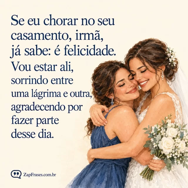 Aquarela de noiva em vestido branco abraçada à irmã de vestido azul, sorrindo com lágrima discreta de alegria.. Arte com a mensagem: Se eu chorar no seu casamento, irmã, já sabe: é felicidade. Vou estar ali, sorrindo entre uma lágrima e outra, agradecendo por fazer parte desse dia.