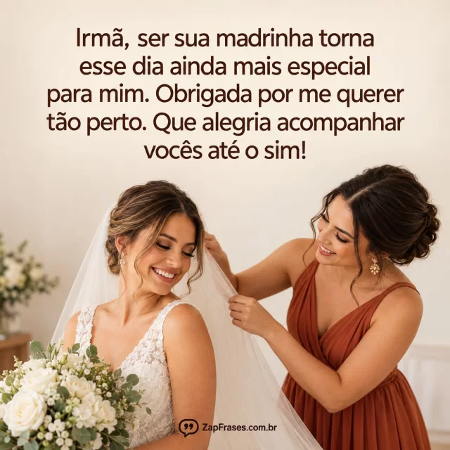 Fotografia de noiva em vestido branco com buquê e irmã madrinha de vestido terracota ajustando seu véu.. Arte com a mensagem: Irmã, ser sua madrinha torna esse dia ainda mais especial para mim. Obrigada por me querer tão perto. Que alegria acompanhar vocês até o sim!