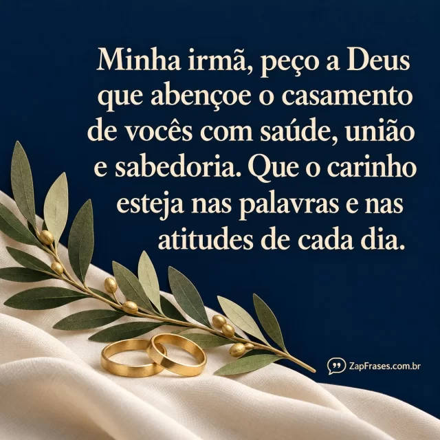 Arte de alianças sobre tecido creme ao lado de ramo de oliveira, com mensagem em letras claras sobre fundo azul noite.. Arte com a mensagem: Minha irmã, peço a Deus que abençoe o casamento de vocês com saúde, união e sabedoria. Que o carinho esteja nas palavras e nas atitudes de cada dia.