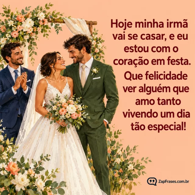 Guache de noiva e noivo sob arco floral, com irmão de terno azul aplaudindo ao lado do casal.. Arte com a mensagem: Hoje minha irmã vai se casar, e eu estou com o coração em festa. Que felicidade ver alguém que amo tanto vivendo um dia tão especial!