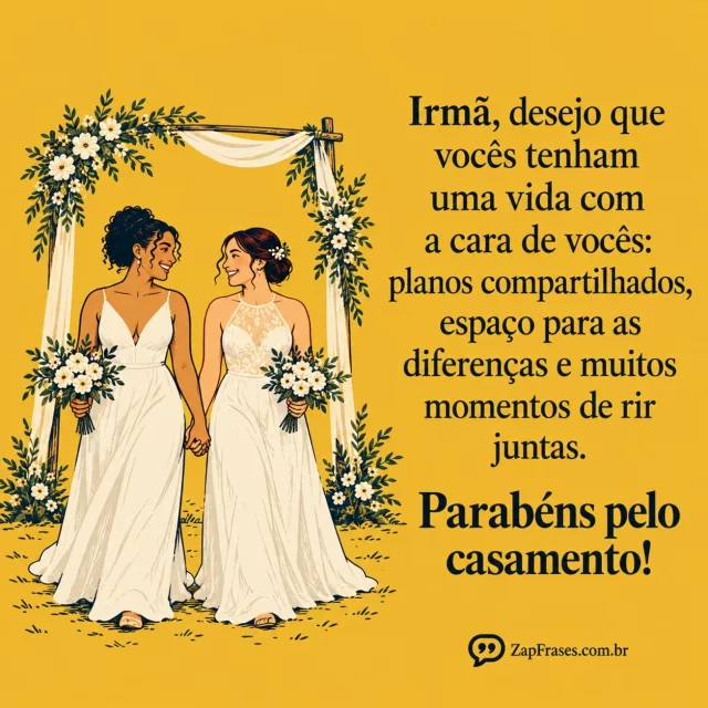 Serigrafia de duas mulheres noivas de roupas brancas e buquês sob arco floral, em fundo mostarda e texto marinho.. Arte com a mensagem: Irmã, desejo que vocês tenham uma vida com a cara de vocês: planos compartilhados, espaço para as diferenças e muitos momentos de rir juntas. Parabéns pelo casamento!