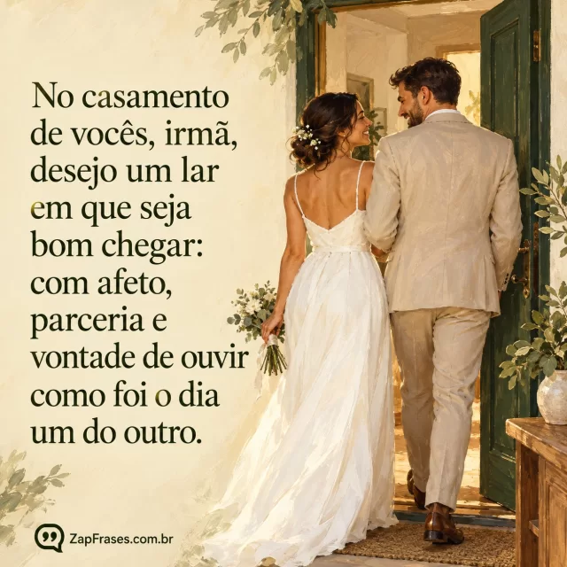 Pintura a óleo de noiva com buquê e noivo de terno claro entrando juntos na porta de uma casa.. Arte com a mensagem: No casamento de vocês, irmã, desejo um lar em que seja bom chegar: com afeto, parceria e vontade de ouvir como foi o dia um do outro.