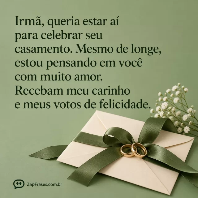 Fotografia de envelope creme com laço verde, alianças e pequeno ramo floral em fundo sálvia.. Arte com a mensagem: Irmã, queria estar aí para celebrar seu casamento. Mesmo de longe, estou pensando em você com muito amor. Recebam meu carinho e meus votos de felicidade.