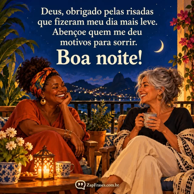 Duas amigas maduras sorrindo na varanda à noite, uma mulher negra e outra de cabelos grisalhos, com plantas, xícaras e luzes da cidade ao fundo.. Arte com a mensagem: Deus, obrigado pelas risadas que fizeram meu dia mais leve. Abençoe quem me deu motivos para sorrir. Boa noite!