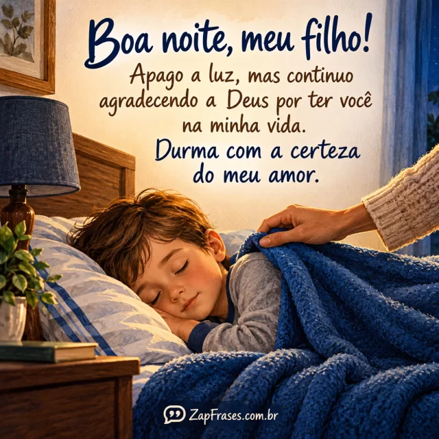 Menino adormecido sob manta azul enquanto uma mão adulta o cobre; abajur apagado e texto manual na parede clara acima da cama.. Arte com a mensagem: Boa noite, meu filho! Apago a luz, mas continuo agradecendo a Deus por ter você na minha vida. Durma com a certeza do meu amor.