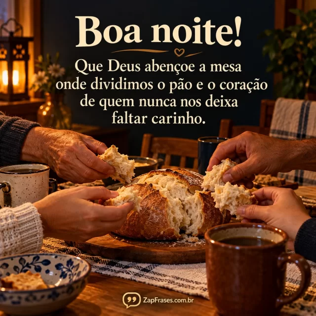 Quatro mãos repartindo um pão caseiro numa mesa com xícaras e luz quente; mensagem de boa noite em letras creme sobre fundo escuro.. Arte com a mensagem: Boa noite! Que Deus abençoe a mesa onde dividimos o pão e o coração de quem nunca nos deixa faltar carinho.