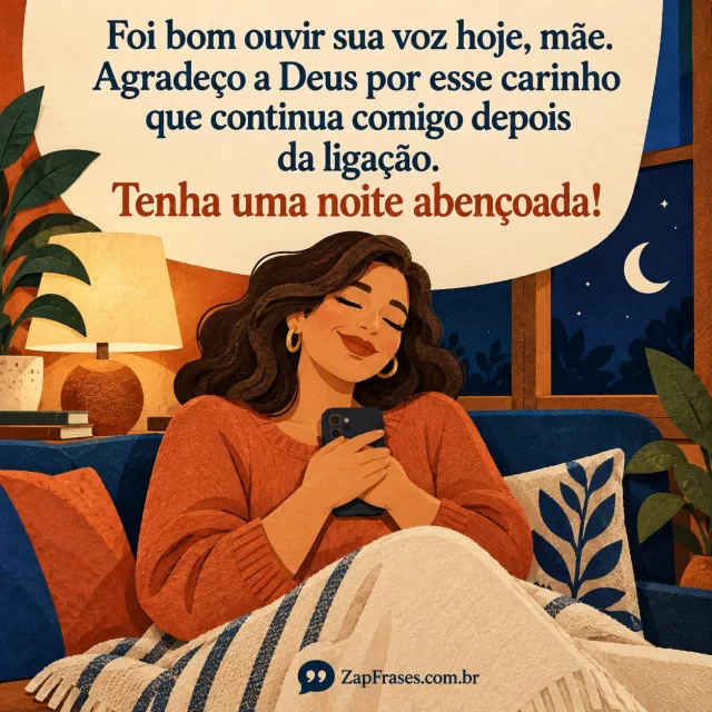 Mulher sentada no sofá segurando celular junto ao peito após uma ligação, em colagem terracota e azul com lua na janela.. Arte com a mensagem: Foi bom ouvir sua voz hoje, mãe. Agradeço a Deus por esse carinho que continua comigo depois da ligação. Tenha uma noite abençoada!
