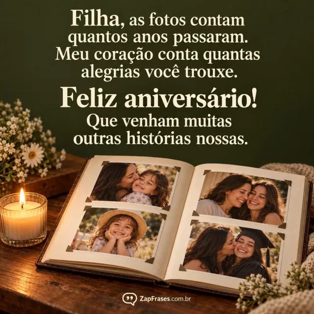 Álbum aberto com fotografias de mãe e filha em diferentes fases sobre mesa com vela e flores pequenas, sob mensagem creme em fundo oliva.. Arte com a mensagem: Filha, as fotos contam quantos anos passaram. Meu coração conta quantas alegrias você trouxe. Feliz aniversário! Que venham muitas outras histórias nossas.