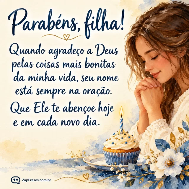 Mulher com mãos em oração ao lado de cupcake com vela em aquarela azul e dourada, com mensagem à filha na área creme.. Arte com a mensagem: Parabéns, filha! Quando agradeço a Deus pelas coisas mais bonitas da minha vida, seu nome está sempre na oração. Que Ele te abençoe hoje e em cada novo dia.
