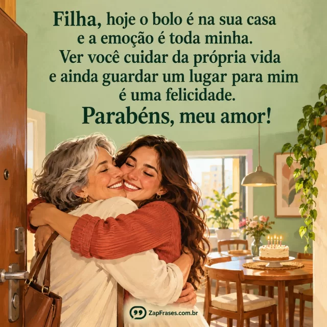 Filha adulta abraçando mãe grisalha na porta de casa, mesa com bolo ao fundo e mensagem verde na parede sálvia.. Arte com a mensagem: Filha, hoje o bolo é na sua casa e a emoção é toda minha. Ver você cuidar da própria vida e ainda guardar um lugar para mim é uma felicidade. Parabéns, meu amor!