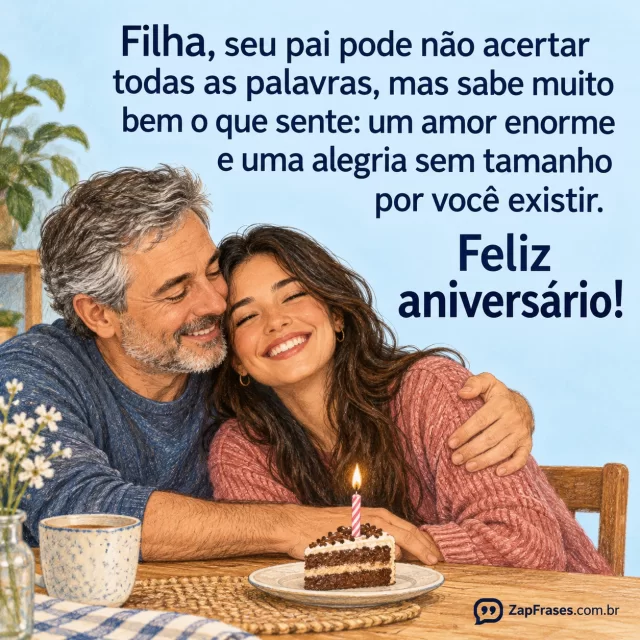 Pai grisalho e filha adulta abraçados junto a fatia de bolo com vela, em ilustração texturizada de lápis de cor sobre azul claro.. Arte com a mensagem: Filha, seu pai pode não acertar todas as palavras, mas sabe muito bem o que sente: um amor enorme e uma alegria sem tamanho por você existir. Feliz aniversário!