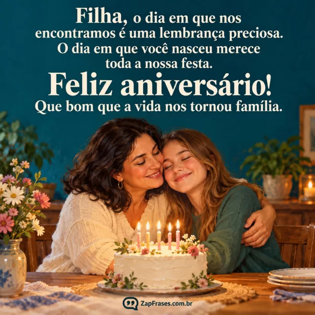 Mãe e filha adolescente abraçadas à mesa de aniversário com bolo e velas, sob mensagem creme em fundo azul-petróleo.. Arte com a mensagem: Filha, o dia em que nos encontramos é uma lembrança preciosa. O dia em que você nasceu merece toda a nossa festa. Feliz aniversário! Que bom que a vida nos tornou família.