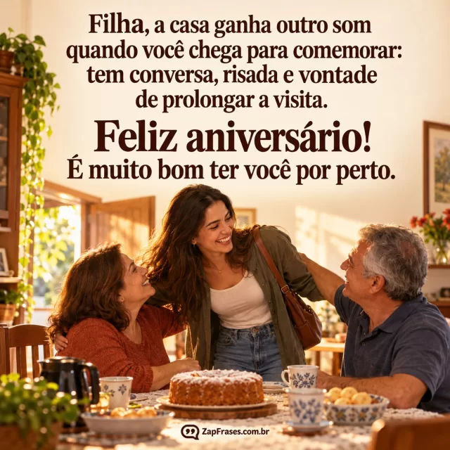 Filha adulta chegando à mesa dos pais com café e bolo, os três sorrindo sob a luz de fim de tarde.. Arte com a mensagem: Filha, a casa ganha outro som quando você chega para comemorar: tem conversa, risada e vontade de prolongar a visita. Feliz aniversário! É muito bom ter você por perto.