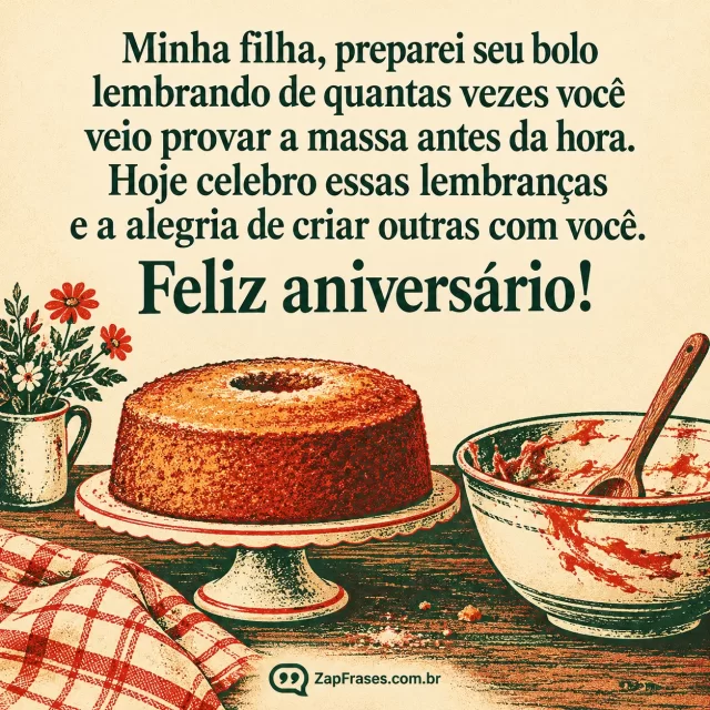 Bolo caseiro, tigela com massa e colher sobre bancada em serigrafia retrô verde e vermelho, com texto verde sobre creme.. Arte com a mensagem: Minha filha, preparei seu bolo lembrando de quantas vezes você veio provar a massa antes da hora. Hoje celebro essas lembranças e a alegria de criar outras com você. Feliz aniversário!