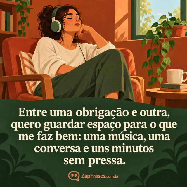 Mulher em poltrona ouvindo música com fones em ilustração retrô terracota e verde, com texto creme na área inferior. Arte com a mensagem: Entre uma obrigação e outra, quero guardar espaço para o que me faz bem: uma música, uma conversa e uns minutos sem pressa.