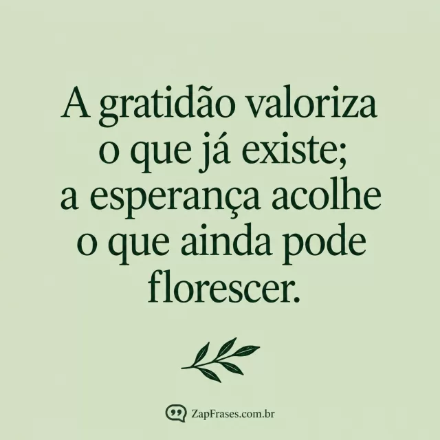 Serifa verde em sálvia clara com pequeno ramo de gravura abaixo da mensagem. Arte com a mensagem: A gratidão valoriza o que já existe; a esperança acolhe o que ainda pode florescer.