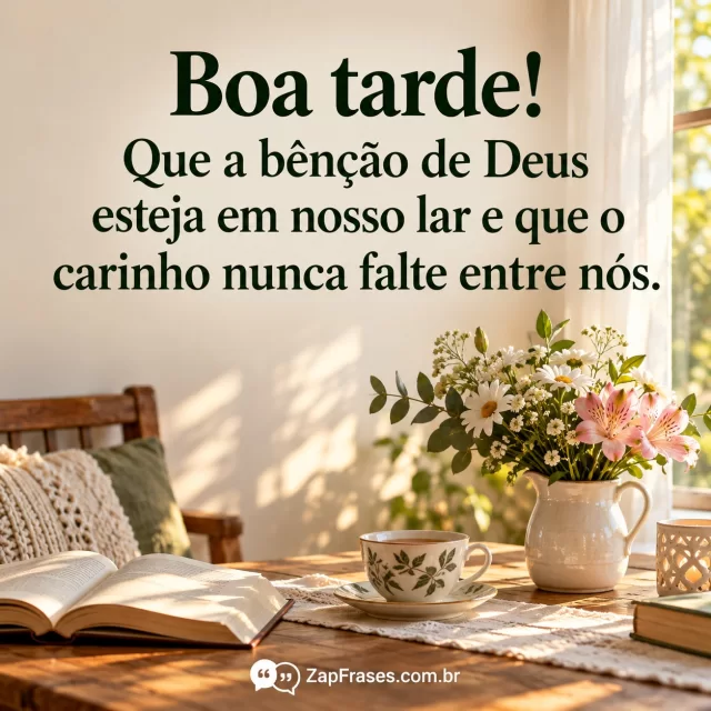 Sala fotografada com flores, xícara e livro sem texto legível; bênção em verde sobre parede clara. Assinatura branca destacada apenas na base.. Arte com a mensagem: Boa tarde! Que a bênção de Deus esteja em nosso lar e que o carinho nunca falte entre nós.