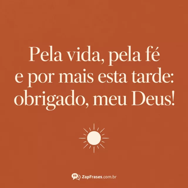 Fundo terracota, serifa creme grande e sol linear pequeno. A frase curta tem ampla margem e a assinatura fica separada no rodapé.. Arte com a mensagem: Pela vida, pela fé e por mais esta tarde: obrigado, meu Deus!