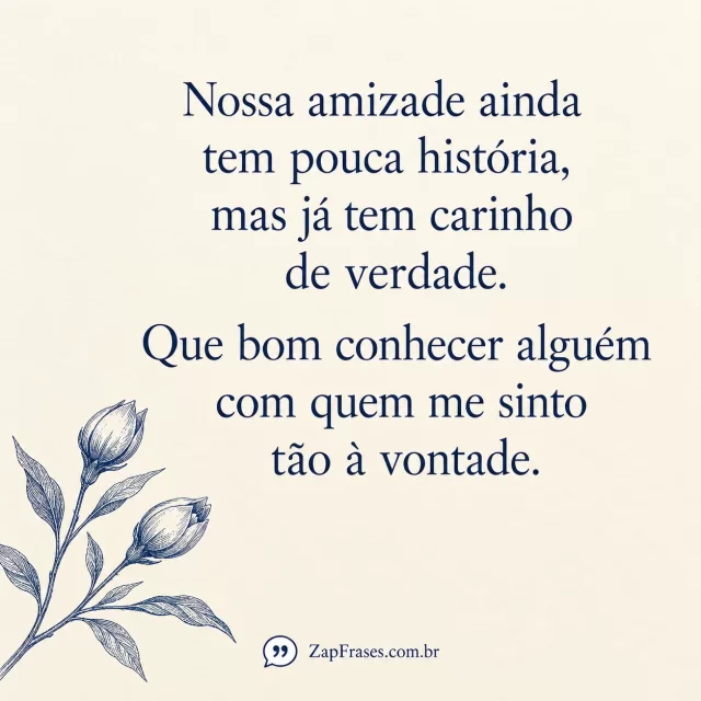 Gravura azul com dois botões de flor no canto inferior esquerdo, serifa azul em creme. História e à vontade íntegros, símbolo de amizade recente discreto.. Arte com a mensagem: Nossa amizade ainda tem pouca história, mas já tem carinho de verdade. Que bom conhecer alguém com quem me sinto tão à vontade.