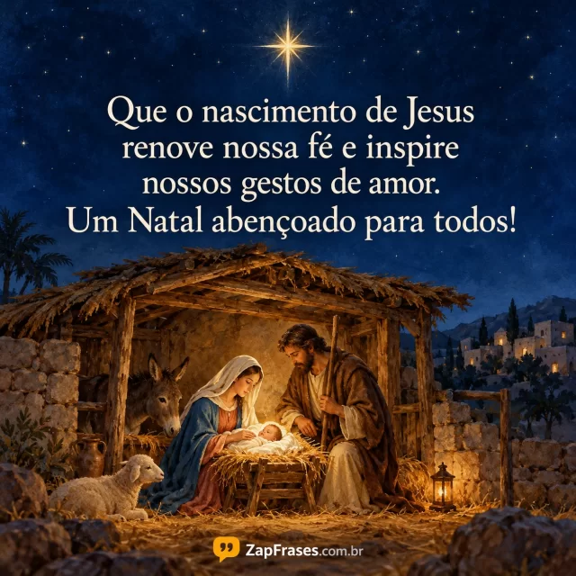 Presépio com Maria, José e menino na manjedoura sob estrela em azul e dourado. Frase creme no céu sem sobreposição e assinatura legível na base.. Arte com a mensagem: Que o nascimento de Jesus renove nossa fé e inspire nossos gestos de amor. Um Natal abençoado para todos!