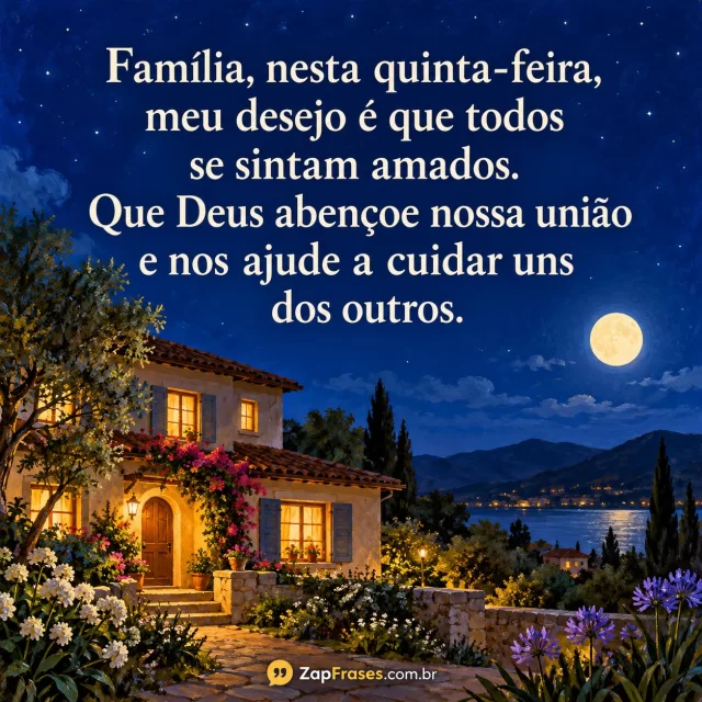 Casa com janelas iluminadas e jardim noturno em guache, texto creme no céu azul. Família e união íntegros; bênção ligada ao lar e marca secundária.. Arte com a mensagem: Família, nesta quinta-feira, meu desejo é que todos se sintam amados. Que Deus abençoe nossa união e nos ajude a cuidar uns dos outros.