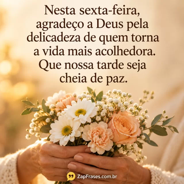 Mãos adultas com buquê branco e pêssego em fotografia, texto castanho sobre bege livre. Agradeço e acolhedora corretos, dedos naturais e marca secundária.. Arte com a mensagem: Nesta sexta-feira, agradeço a Deus pela delicadeza de quem torna a vida mais acolhedora. Que nossa tarde seja cheia de paz.