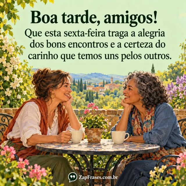 Duas amigas adultas conversam com xícaras em mesa de jardim, guache em verdes e corais. Frase completa sobre céu verde claro e assinatura branca contrastante.. Arte com a mensagem: Boa tarde, amigos! Que esta sexta-feira traga a alegria dos bons encontros e a certeza do carinho que temos uns pelos outros.