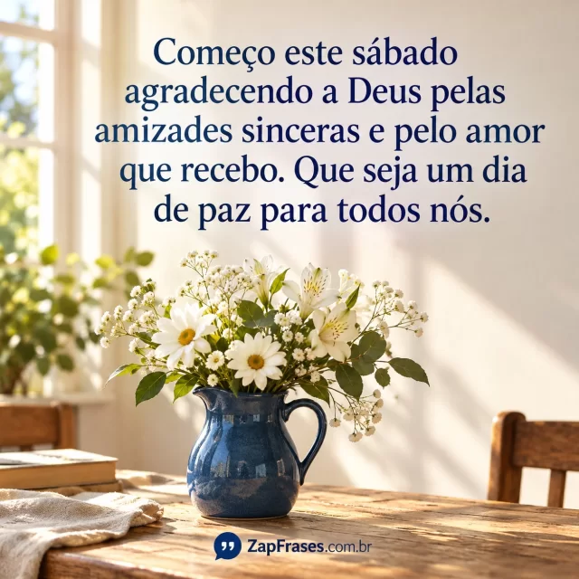 Jarra azul com flores brancas em mesa fotografada à luz da manhã, frase azul na parede clara. Começo e nós íntegros, marca pequena legível.. Arte com a mensagem: Começo este sábado agradecendo a Deus pelas amizades sinceras e pelo amor que recebo. Que seja um dia de paz para todos nós.