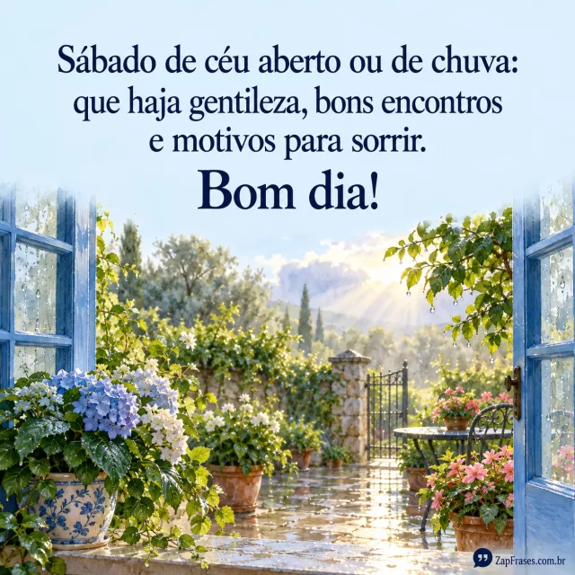 Janela azul com jardim molhado e luz suave em aquarela, texto azul em área livre. Céu e chuva correspondem ao cenário e frase está completa.. Arte com a mensagem: Sábado de céu aberto ou de chuva: que haja gentileza, bons encontros e motivos para sorrir. Bom dia!