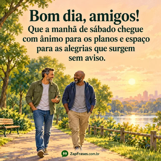 Dois amigos adultos no parque em guache, texto verde em céu pêssego. Manhã, sábado e ânimo corretos, cena ligada à amizade sem obstruir letras.. Arte com a mensagem: Bom dia, amigos! Que a manhã de sábado chegue com ânimo para os planos e espaço para as alegrias que surgem sem aviso.