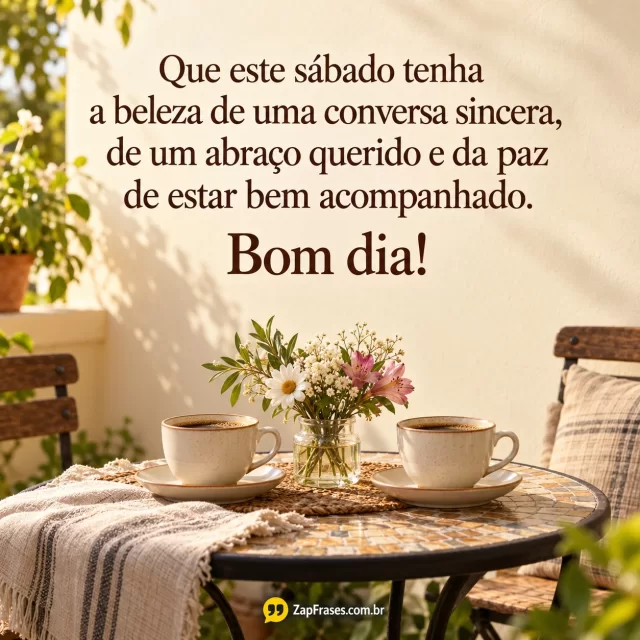 Duas xícaras e flores em mesa de varanda fotografada pela manhã, texto castanho na parede clara. Abraço e acompanhado completos, sem escrita extra nos objetos.. Arte com a mensagem: Que este sábado tenha a beleza de uma conversa sincera, de um abraço querido e da paz de estar bem acompanhado. Bom dia!