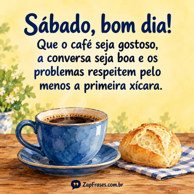 Xícara azul e pão em aquarela, fundo amarelo e letra arredondada azul. Café, sábado e xícara corretos, humor ligado diretamente à imagem.. Arte com a mensagem: Sábado, bom dia! Que o café seja gostoso, a conversa seja boa e os problemas respeitem pelo menos a primeira xícara.
