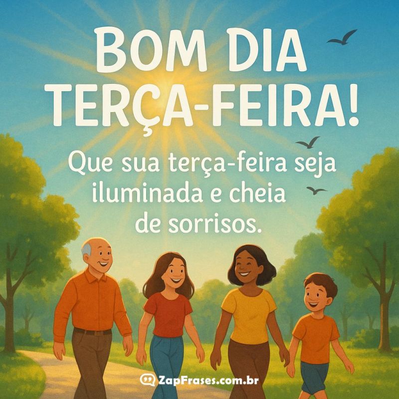 Cenário alegre com frase de bom dia terça-feira, compartilhando sorrisos sob um sol radiante.