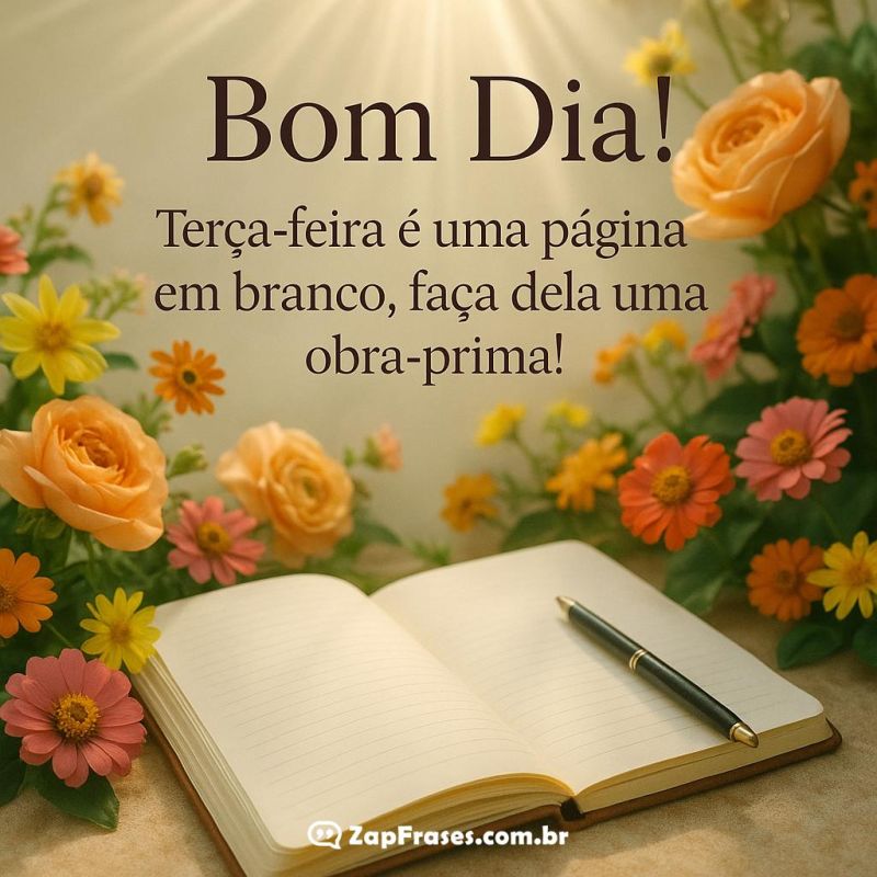 Caderno com flores ao fundo, ressaltando frase motivacional de terça-feira