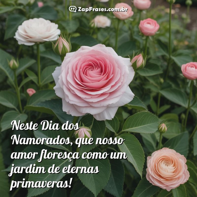 Jardim de rosas com mensagem romântica de Dia dos Namorados