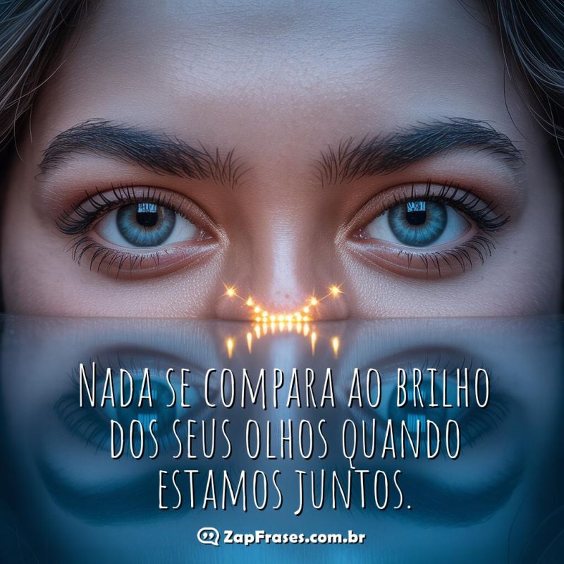 Olhos azuis brilhando em imagem romântica com frase de amor.