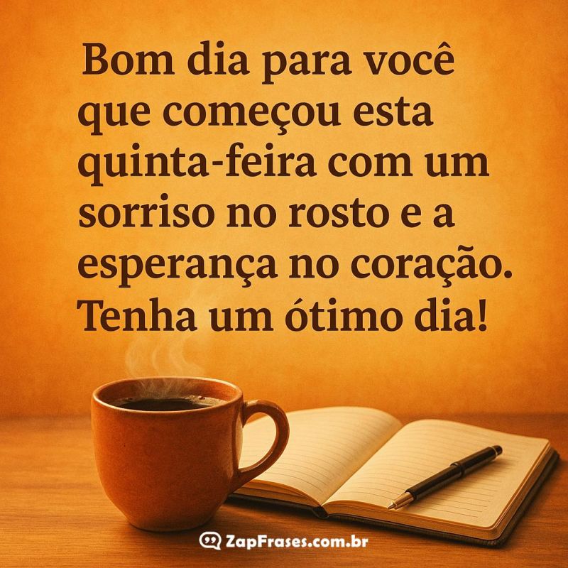 Mensagem de bom dia para quinta-feira com fundo laranja quente e elementos acolhedores