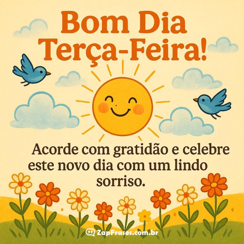 Mensagem alegre de bom dia com sol sorridente e natureza vivaz.